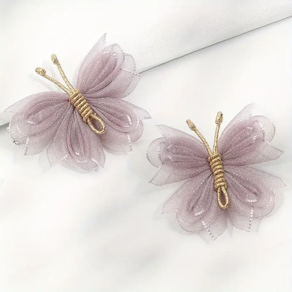 

2pcs Tulle Butterfly Hair Clips For Baby Girls Grayish Purple Butterfly Bow Non-slip Alligator Clips Barrettes Girls Accessories