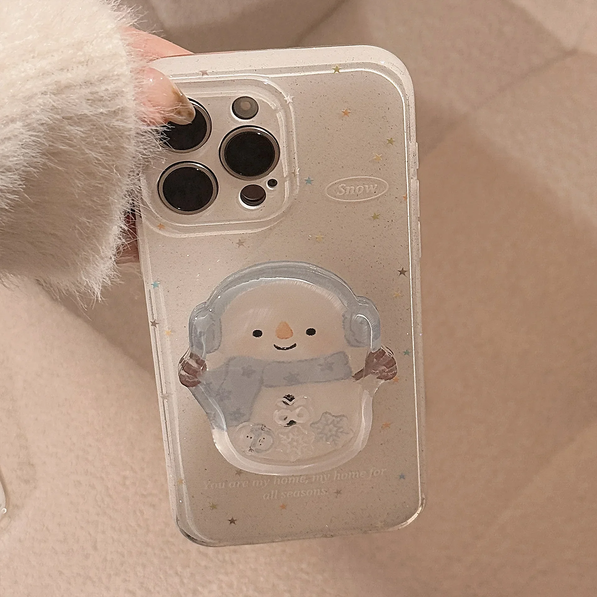 Cute Scarf Snowman Glitter With Holder Cover Case for iPhone 16 15 14 13 12 11 Pro Max Plus Shockproof Protective Phone Case