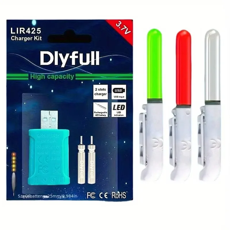 Fishing 5-Piece Set (2 Rod Tip Lights + 2 Rechargeable CR425 Batteries + 1 Dual-Port USB Charger) Rechargeable Bite Indicator