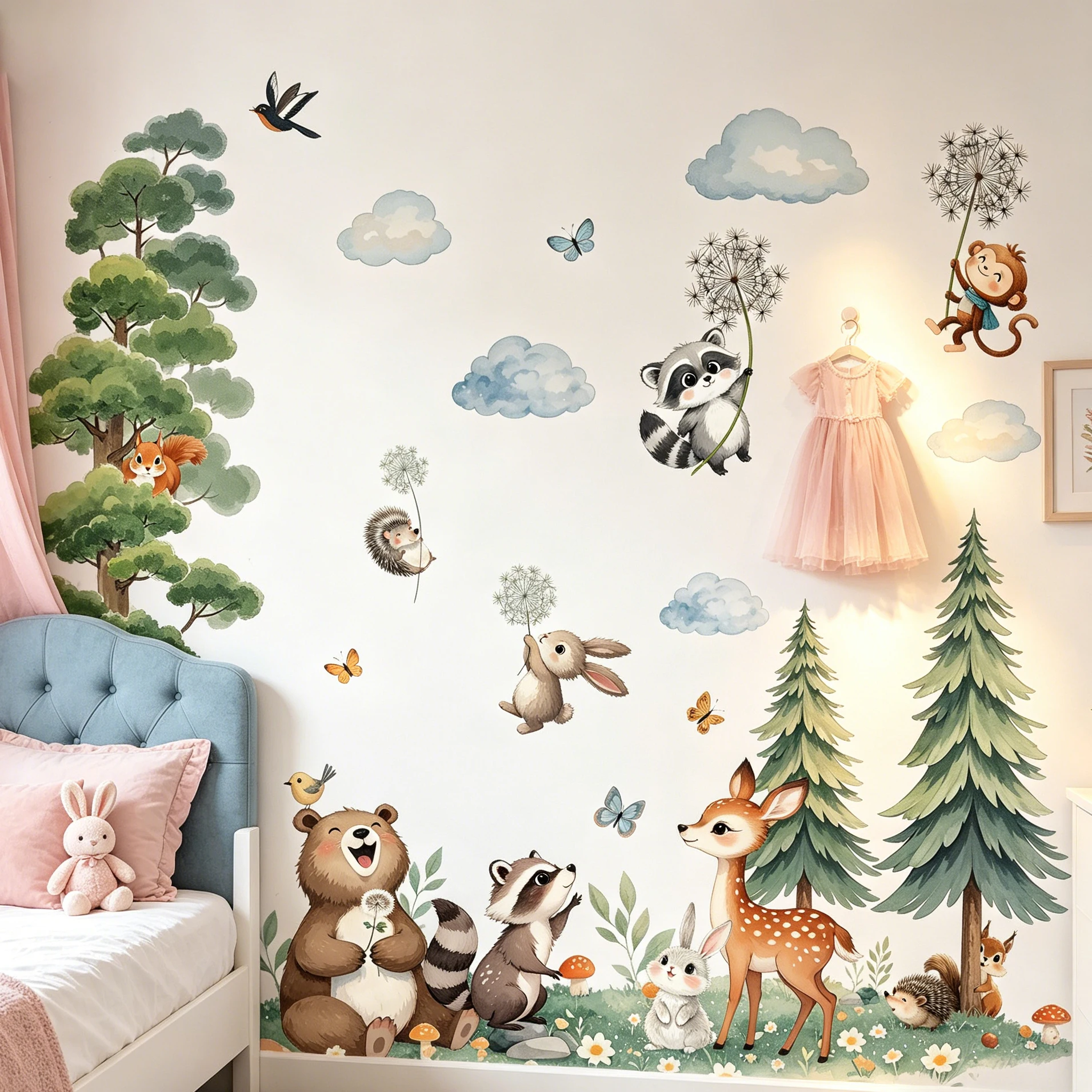 Cartoon-Aquarell-Wandtattoos mit Motiven von Wald, Grasland und kleinen Tieren für Wohnzimmer, Schlafzimmer und Kinderzimmer. – Detail 2