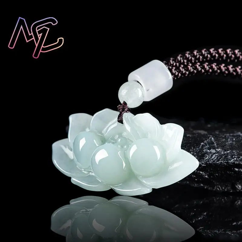 Myanmar Jadeite Lotus Pendant Necklace Natural Gemstone Charm Burmese Jade Gifts for Women Real Jewelry Carved Amulet Designer