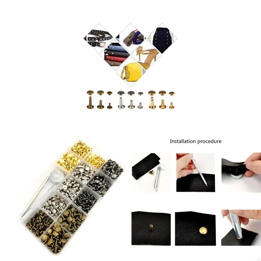 L9BE 480 Sets Double Caps Rivet Metal Studs for Leather Crafts, Leather