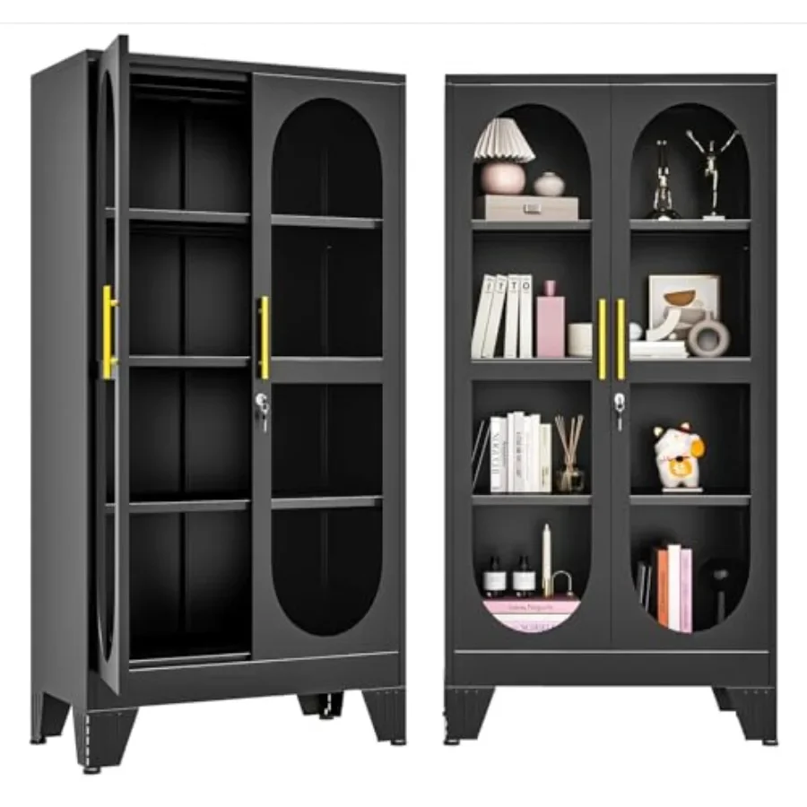 Metal display cabinet for living room use, black finish, 61H with glass door and lock, 3 adjustable shelves, 4-tier multi-purpo