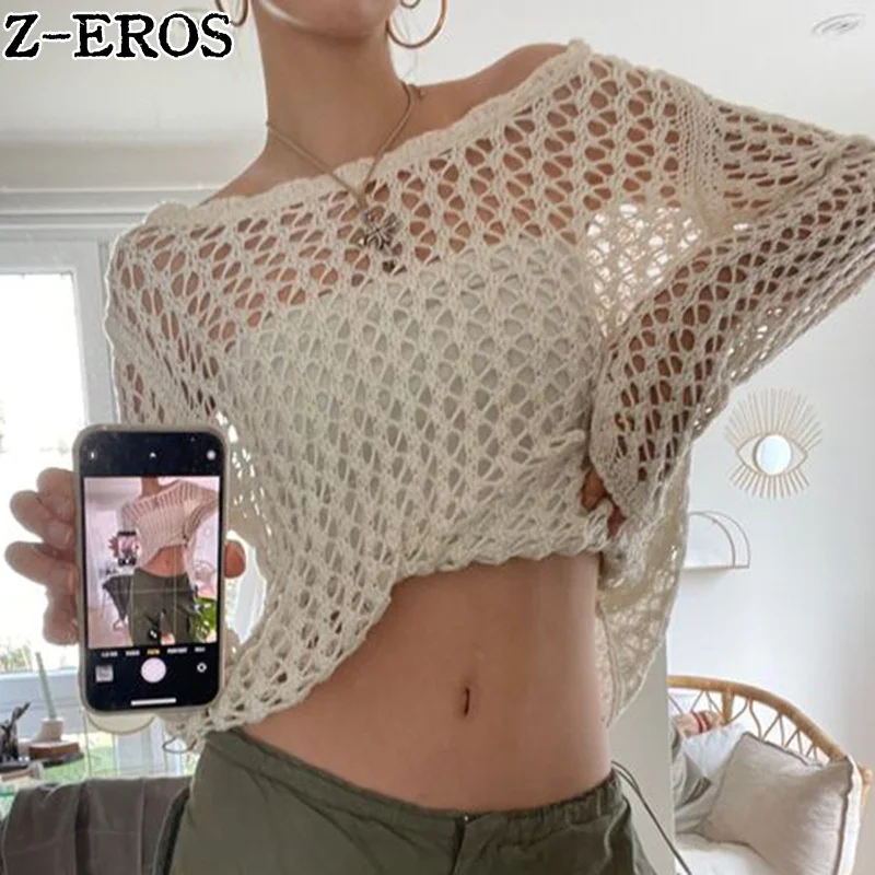 Z-EROS Vintage Hollowed Out Mesh Knit Sweater Round Neck Hole-knit T shirts Casual Loose Long-sleeved Crochet Knit Top Knitwear