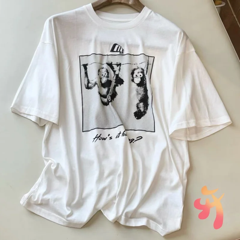 أزياء الشارع الصيف مارتين روز بلايز الأبيض الكرتون الغوريلا طباعة جولة الرقبة قصيرة الأكمام القطن تنفس الرجال النساء أعلى