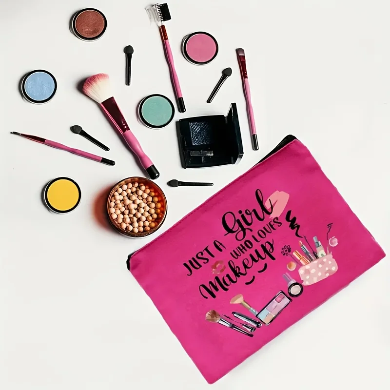 Just a Girl Who Loves Makeup Cosmetic Bag – Cute Pink Design with Heart & Brush Holder, Lightweight Zipper Pouch for Travel & Do