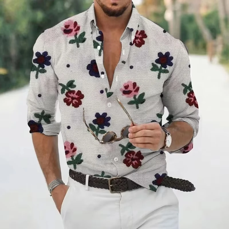 New Retro Men's Lapel Shirt Men's Exquisite Ethnic Print Slim Shirt New Fall Fashion Office Long-sleeved Blouse Elegant Shirt。