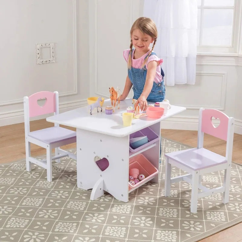 Wooden Heart Table & Chair Set with 4 Storage Bins, Children's Furniture – Pink, Purple & White, Gift for Ages 3-8