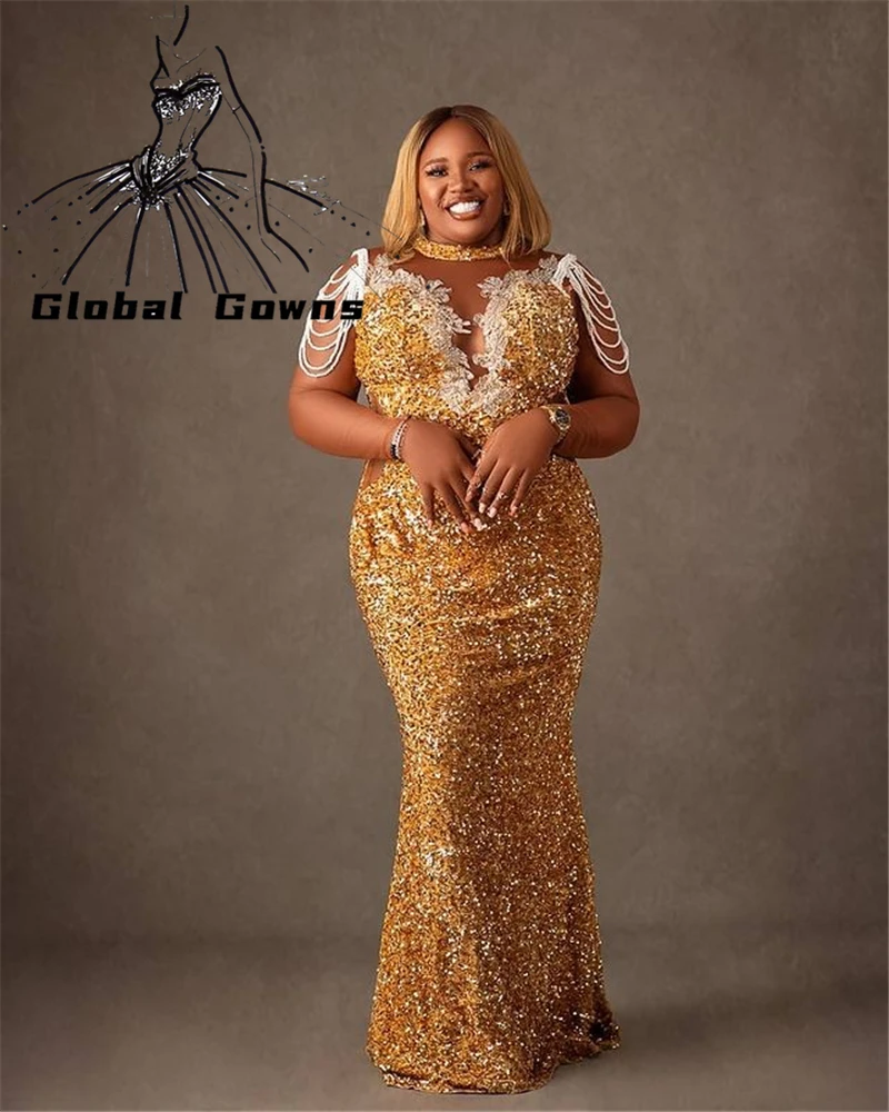 

Aso Ebi, Африканское блестящее Золотое вечернее платье с блестками для черных девушек, кисточки, аппликации из бисера, платья на день рождения, на заказ