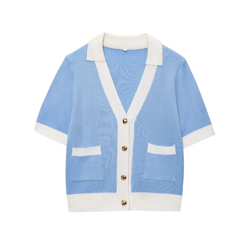 MUJER 2025 여성용 니트 가디건 블루 크롭 스웨터 가디건 여성용 반팔 니트 탑 여성용 휴가 니트웨어 여성용