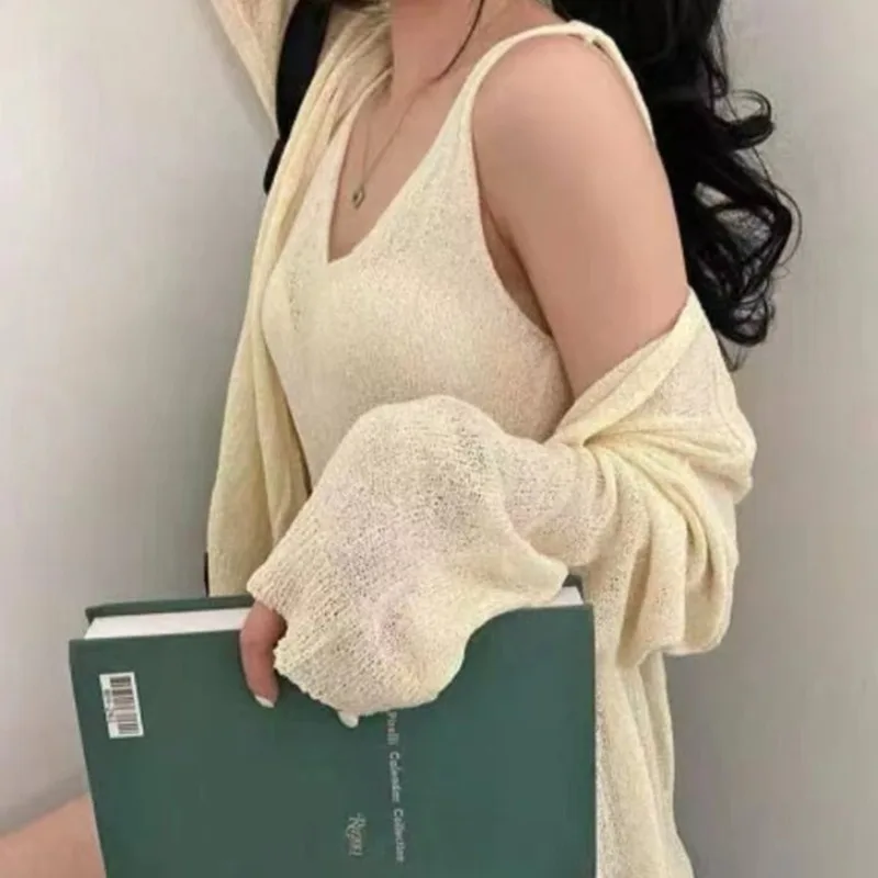 Chic Thin Knitted Cardigan Women's Summer New Long Sve Sun Protection White Top Strap Outerwear Two-Piece Set Sweet Sle ...