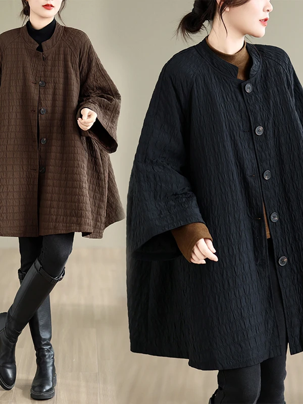 Authentic Autumn Winter Oversized Pure Color Cotton Jacket Medium Length Coat Women's Thickened Outdoor Commute Style Cardigan