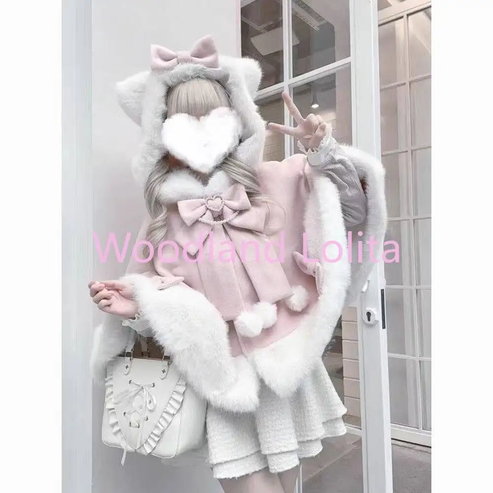 Japanese Lolita Sweet Cat's Ears Hooded Cloak Jackets Women Y2k Aesthetic Furry Patchwork Coat Harajuku Sweet Bow Loose Jacket