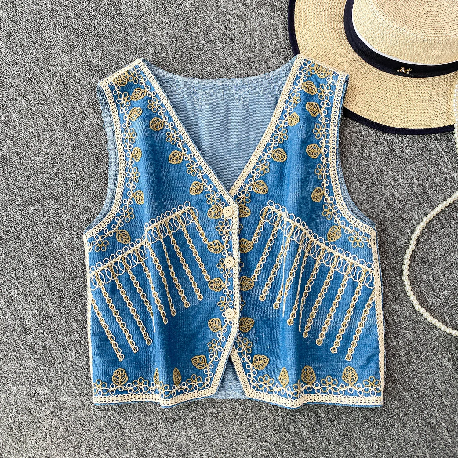 

Ретро китайский Sle тяжелого плетения с вышивкой V-Ne ort свободный утягивающий джинсовый жилет женский новый модный повседневный топ