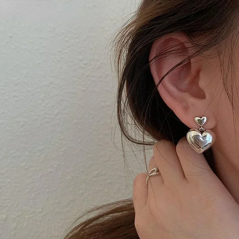 1 Pair Silver Color Stud Earrings Big Small Love Heart Shape Women Trendy Vintage Elegant Sweet Dual-Heart Pendant Jewelry