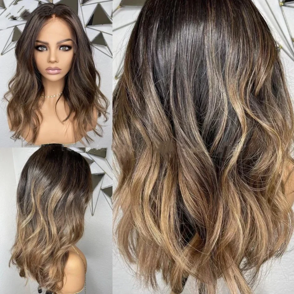 

Ombre Brown Wig Mix Blonde Highlight for Women 18 Inch Short Wavy Middle Part Wig Synthetic Natural Soft Hairline Dark Root Wigs