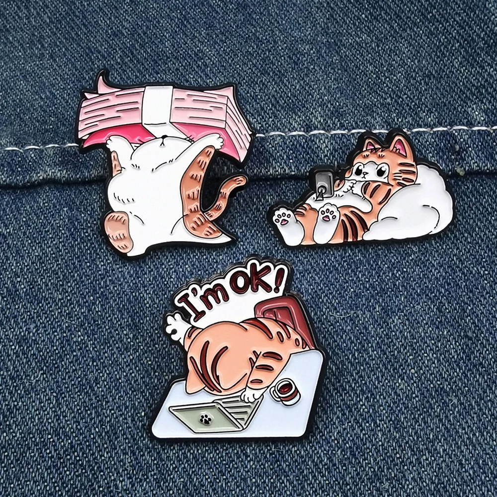 Cute Lazy Cat Enamel Pin Brooch Set 