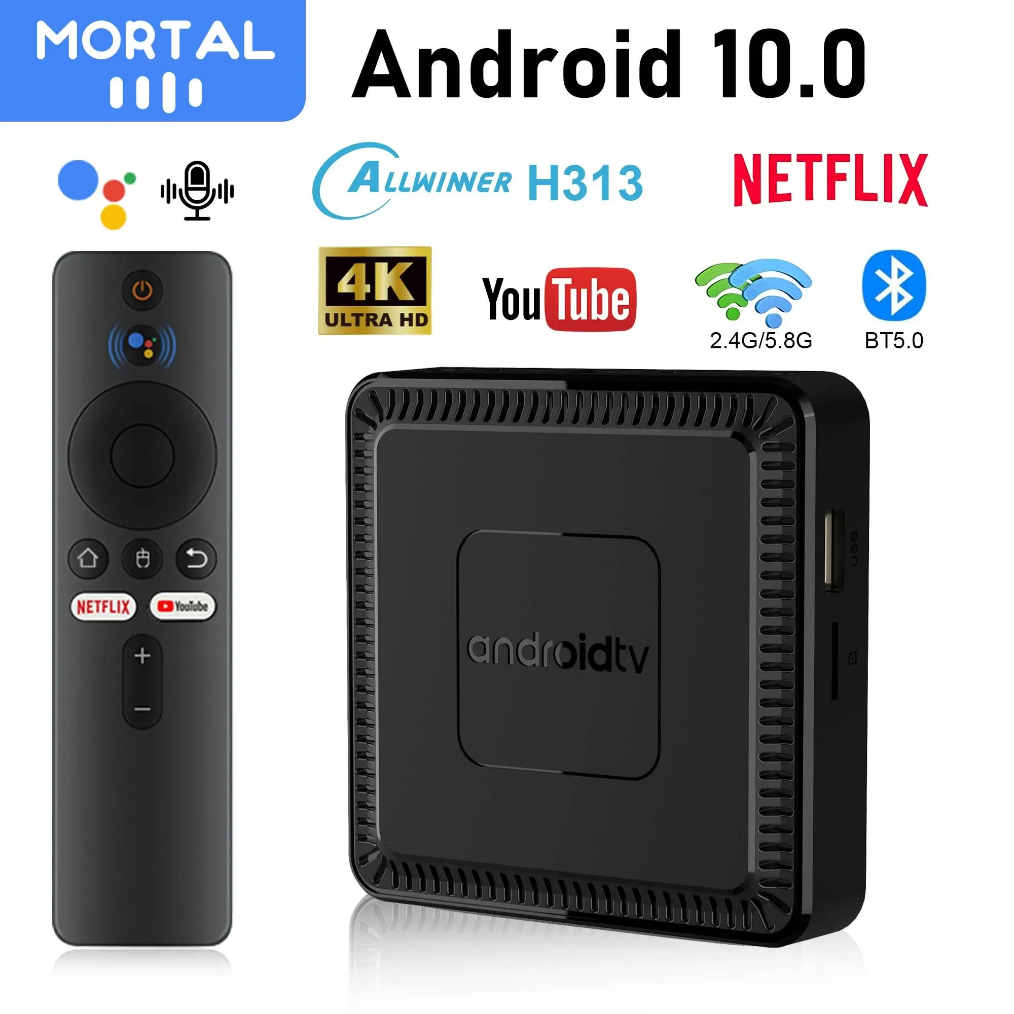 Mortal Q7 ATV Global Version Android10 Smart TV Box AllwinnerH313 LAN 4K BT5.0 Dual WIFI Multi-language Voice Assistant Netflix