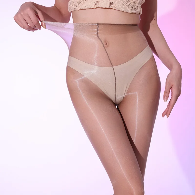 1D Ultradünne, glänzende Öl-Strumpfhose für Damen, hohe Taille, seidig, sexy, glänzend, transparent, mit einem Streifen, geschlossener Schritt, taillenlose Strumpfhose
