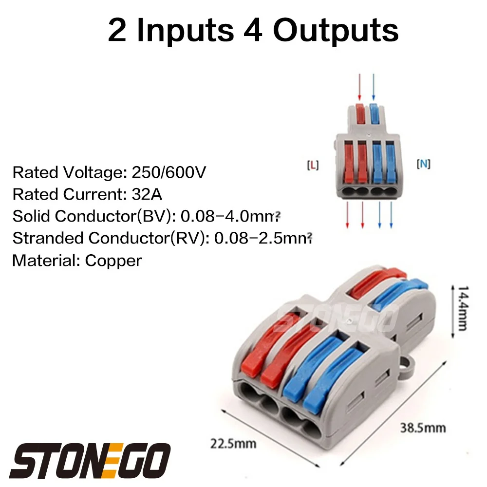 STONEGO Wire Fast Connector 2 In 4/6/8 Out Wire Splitter Terminal Compact Wiring Cable Connector image 6