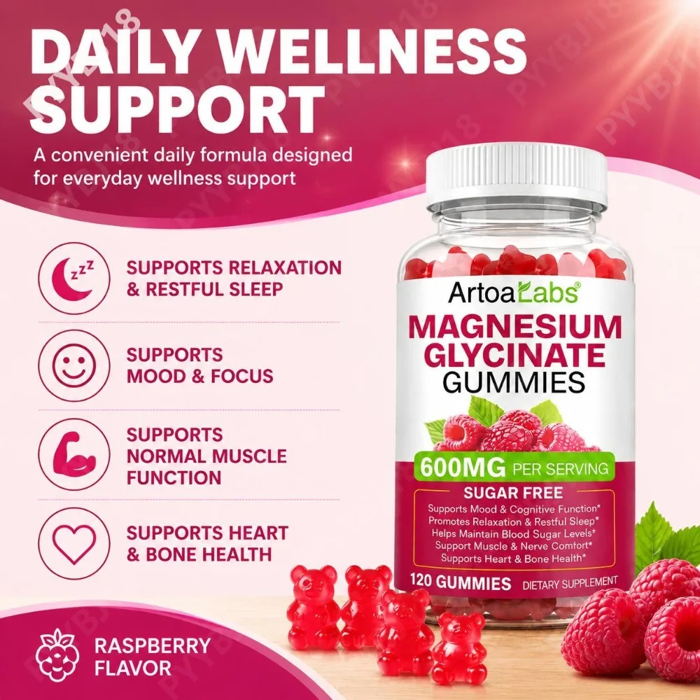 ArtoaLabs Magnesium Glycinate Gummies with CoQ10 & Calcium Supports Relaxation and Sleep Comfort Raspberry Flavour 120 Gummies