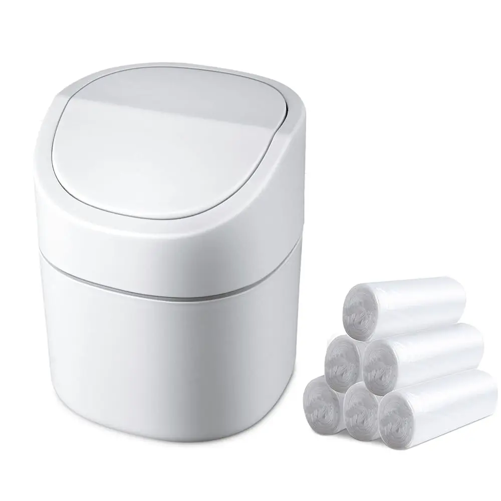 

Mini Desk Trash Can with Lid with Trash Bags 180 Pcs Swing-Lid Tiny Countertop Garbage Bin Small Table Top Plastic Covered Wa