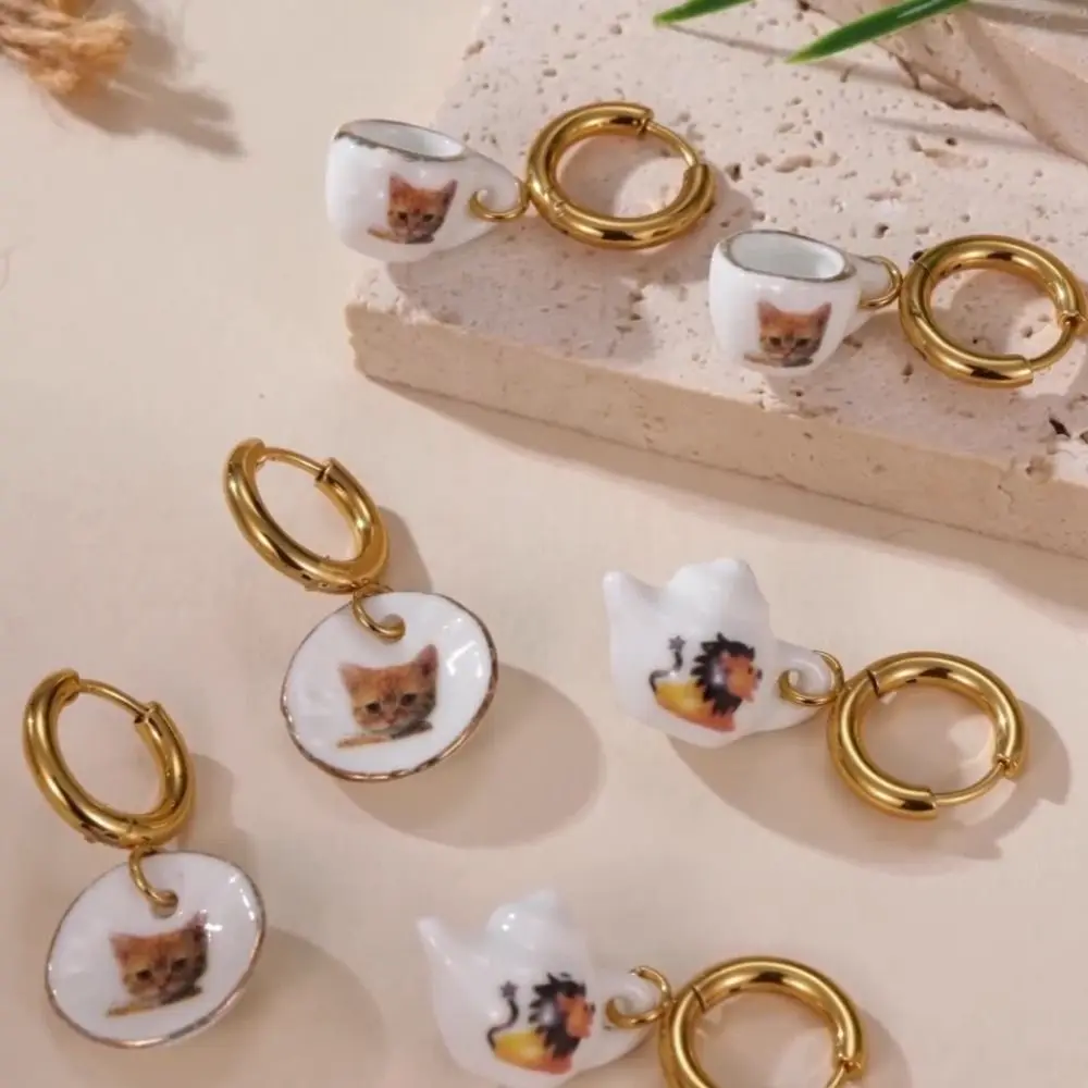 Dripping Oil Ginger Cat Pattern Hoop Earrings Stainless Steel Y2K Plate Teacup Tea Pot Ear Buckle Sweet Cute Porcelain Earrings