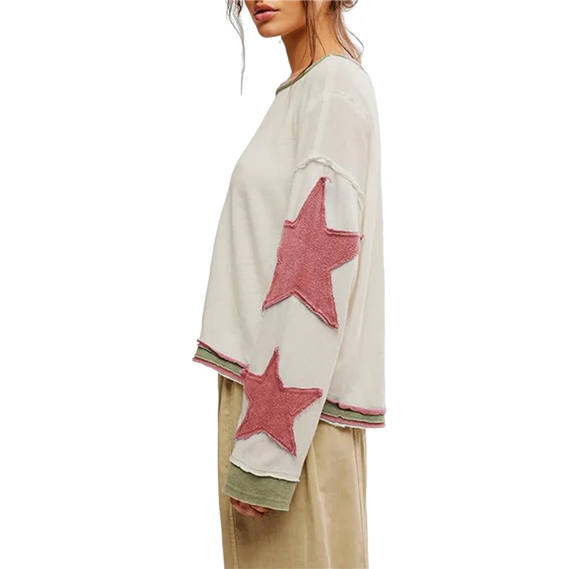 

ASDS-Women Oversized Cotton Long Sleeve Shirts Tops Star Crewneck Pullover Y2K Fall Winter Grunge Clothes