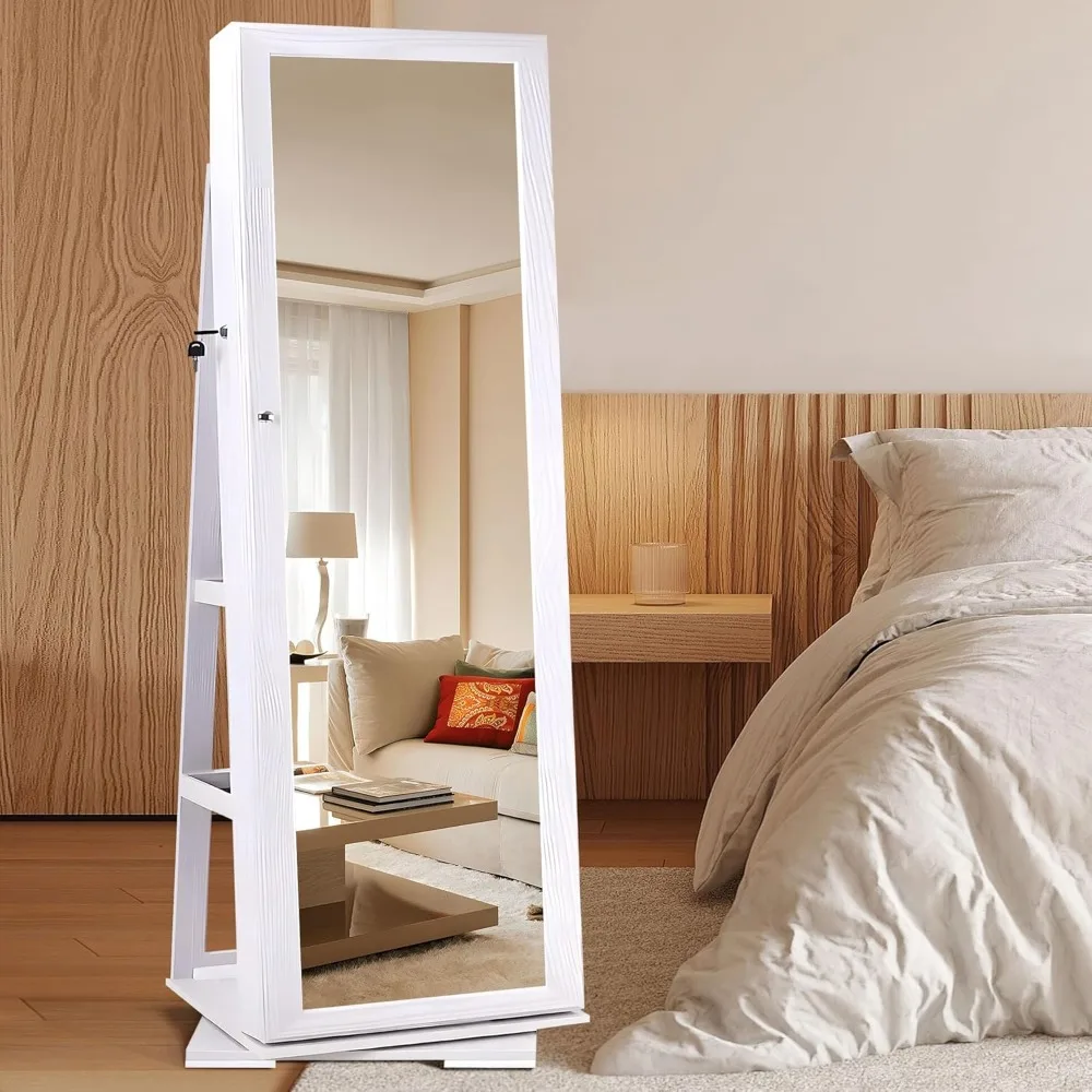 Jewelry Armoire with Full Length Mirror, 360°Rotatable Jewelry Organizer Cabinet Free standing Lockable Jewelry Cabinet