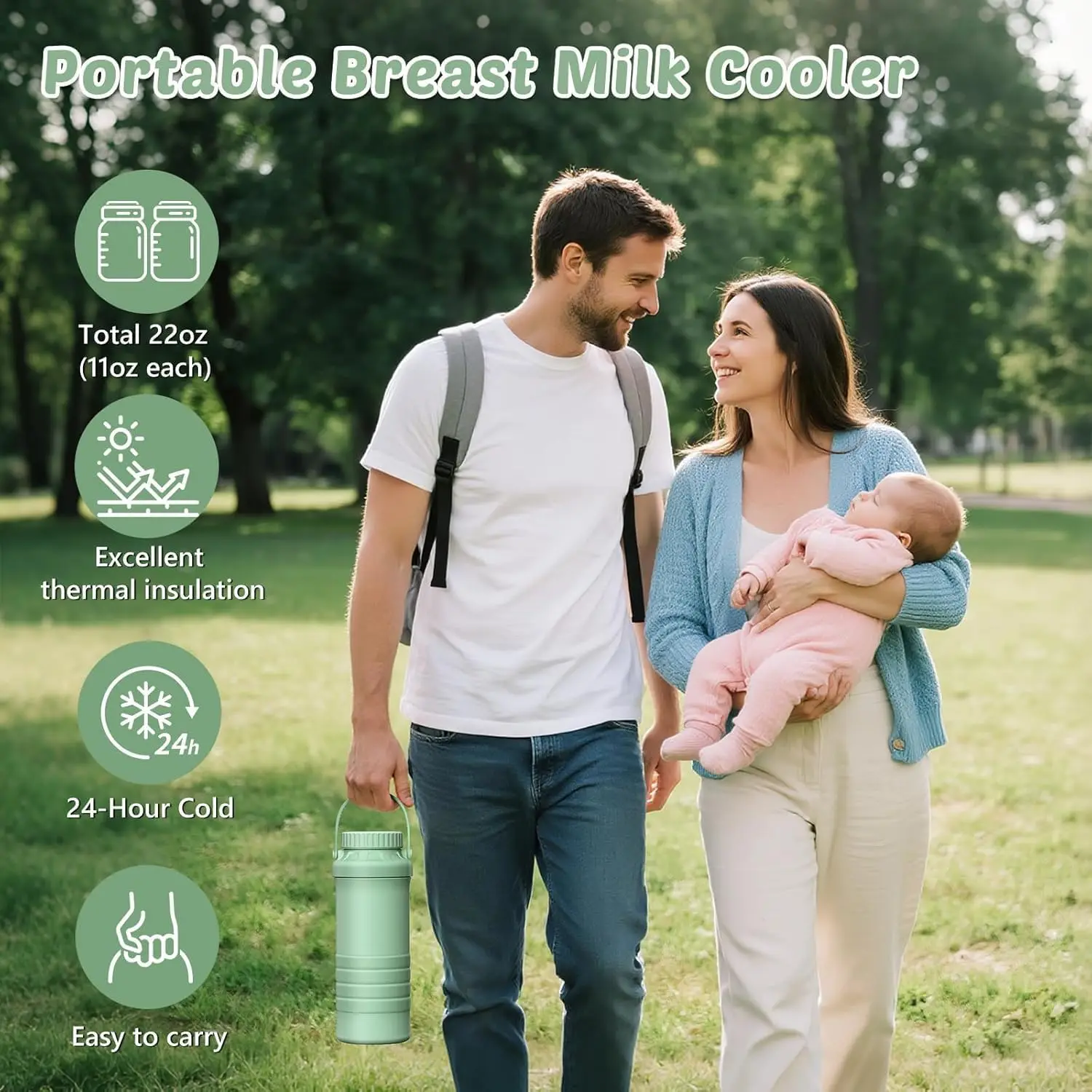 600ml Portable Breast Milk Cooler, Breastmilk Cooler Bottle 360° Total Cooling for 24 Hours with 2pcs Baby Bottles for Storage
