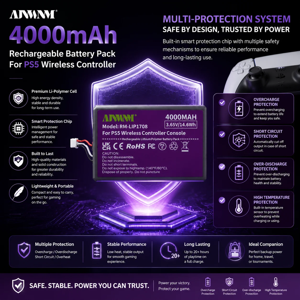 LIP1708 Battery 4000mAh For Sony PS5 Controller,Rechargeable Built-in Lithium For DualSense Game Controller Battery