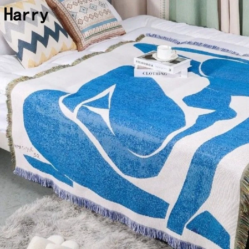 

Dustproof slip covers for sofas Conditioning Towels Bed Plaid Office Nap Shawl INS BLUE Blanket Portrait Home Picnic Mat Tassel