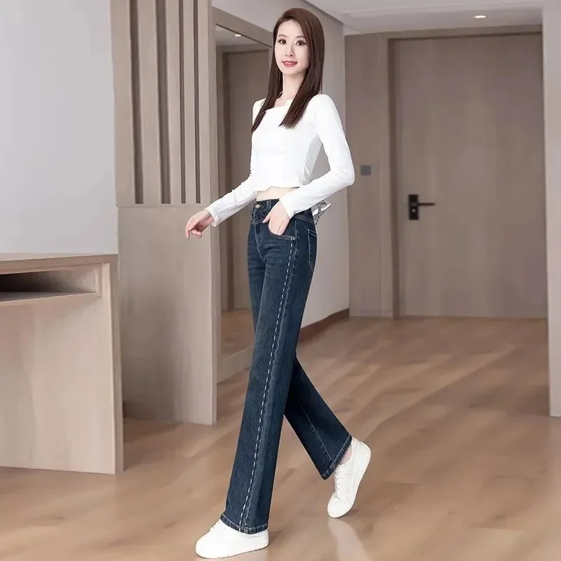 กางเกงยีนส์ทรงแคบสไตล์เรโทรสำหรับผู้หญิง กางเกงคาวบอยเอวสูงแบบใหม่ ฤดูใบไม้ผลิ ฤดูใบไม้ร่วง 2025 กางเกงยีนส์ทรงตรงขากว้างลำลองสำหรับผู้หญิง