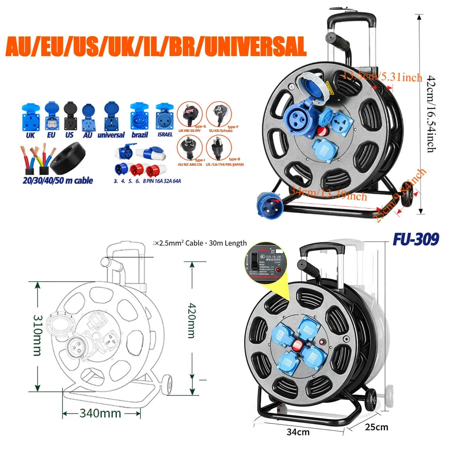 FUNAYA 30m Cable Weatherproof Wire Rewinding Spool Cable Reel IP54 Extension Cord with RCD for Industrial Use EU KR US AU UK