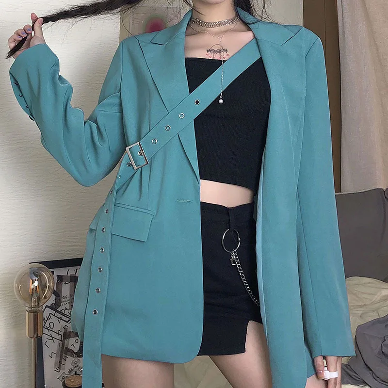 

Women's Blue Button Ribbon Oversize Suit Jacket New Lapel Long-sleeved Loose Jacket Fashion Trendy 2023 Spring And Autumn