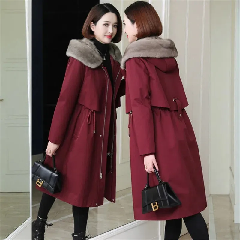 

2022 Winter New Fashion Detachable Parkas Long Snow Jacket Women's Thicken Fur Coat Black Female Warm Hooded Parker Overcoat