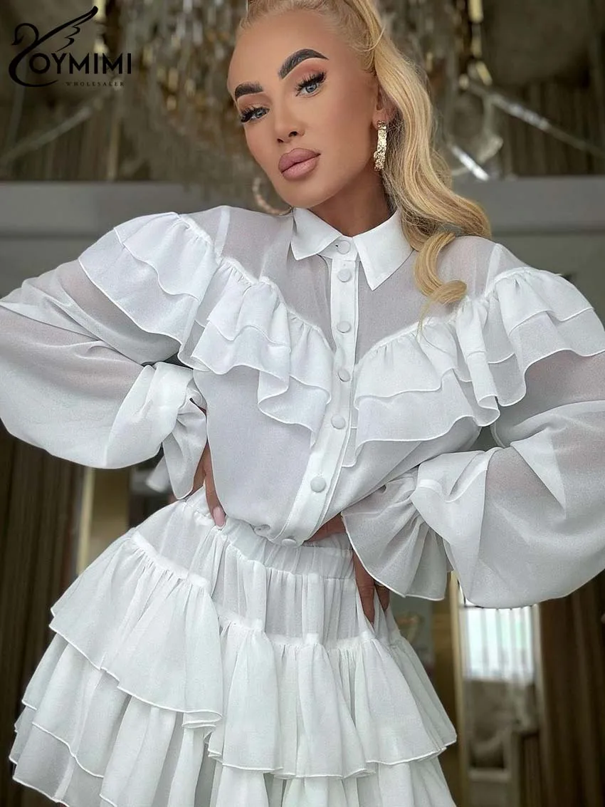 Fashion White Sets for Women 2 Pieces Elegant Long Sleeve Button Ruffled Shirts and High Waisted Pleated Mini Skirts Sets