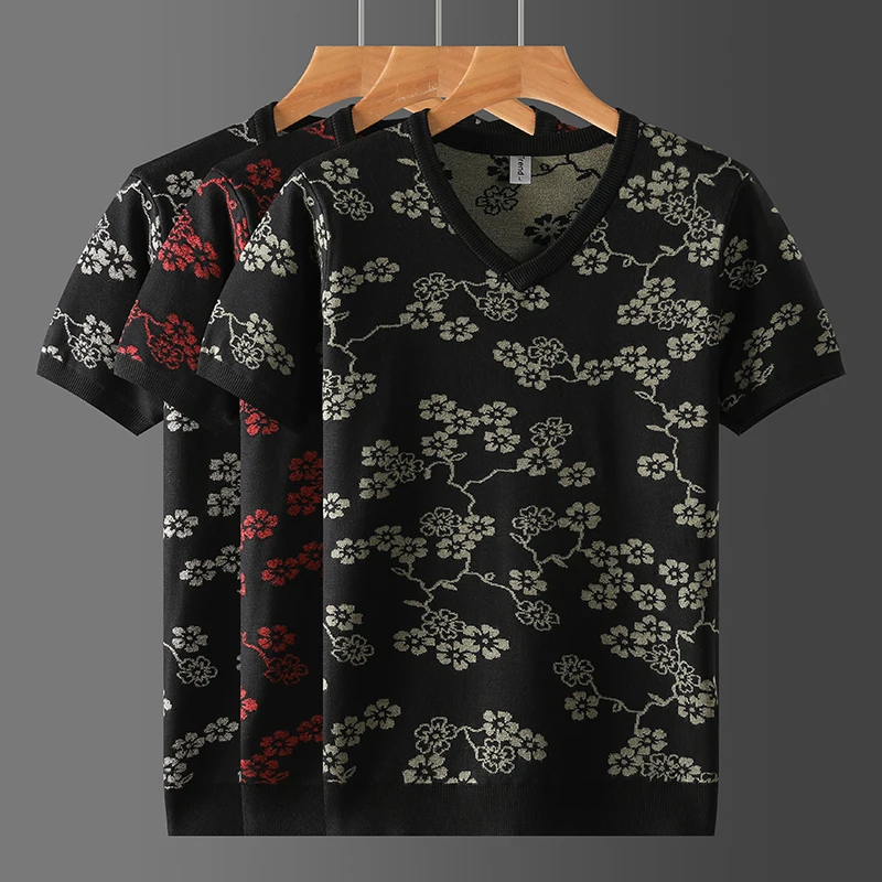 

Pull Homme Мужской свитер с цветочным принтом, вязаный с v-образным вырезом и коротким рукавом, эластичный осенний качественный трикотаж из смеси вискозы, Sueters De Hombre с принтом