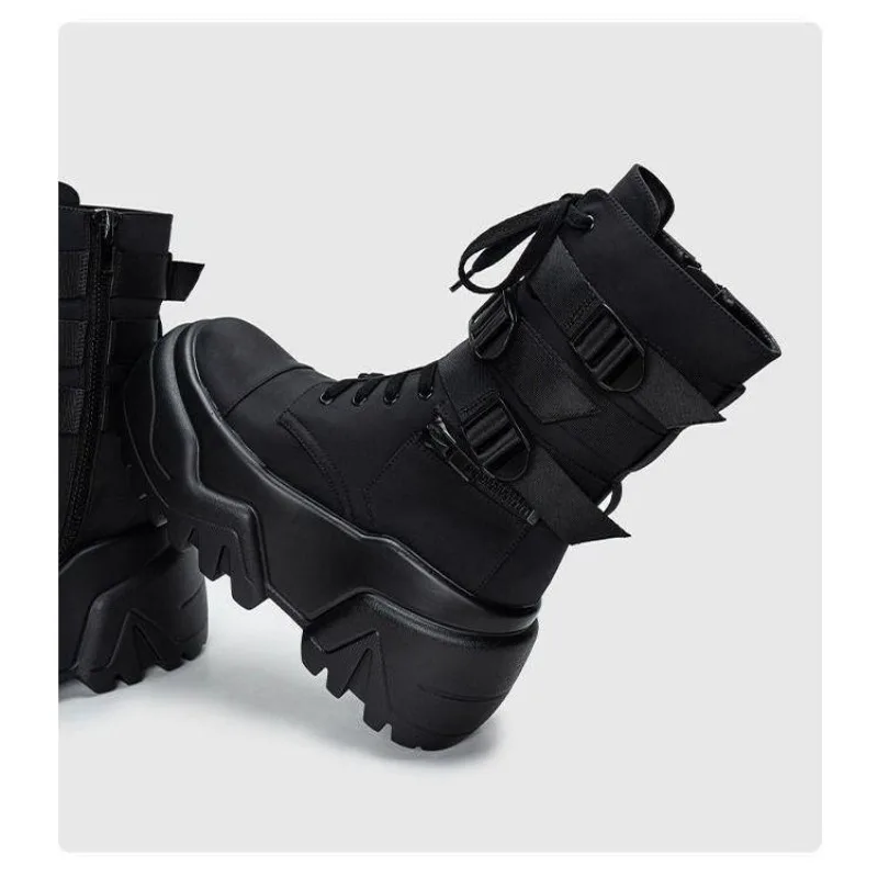 Women Ankle Booties Autumn Leather Chunky Shoes Woman High Platform Breathable Sneakers 9CM Thick Sole Wedges Motorcycles Boots
