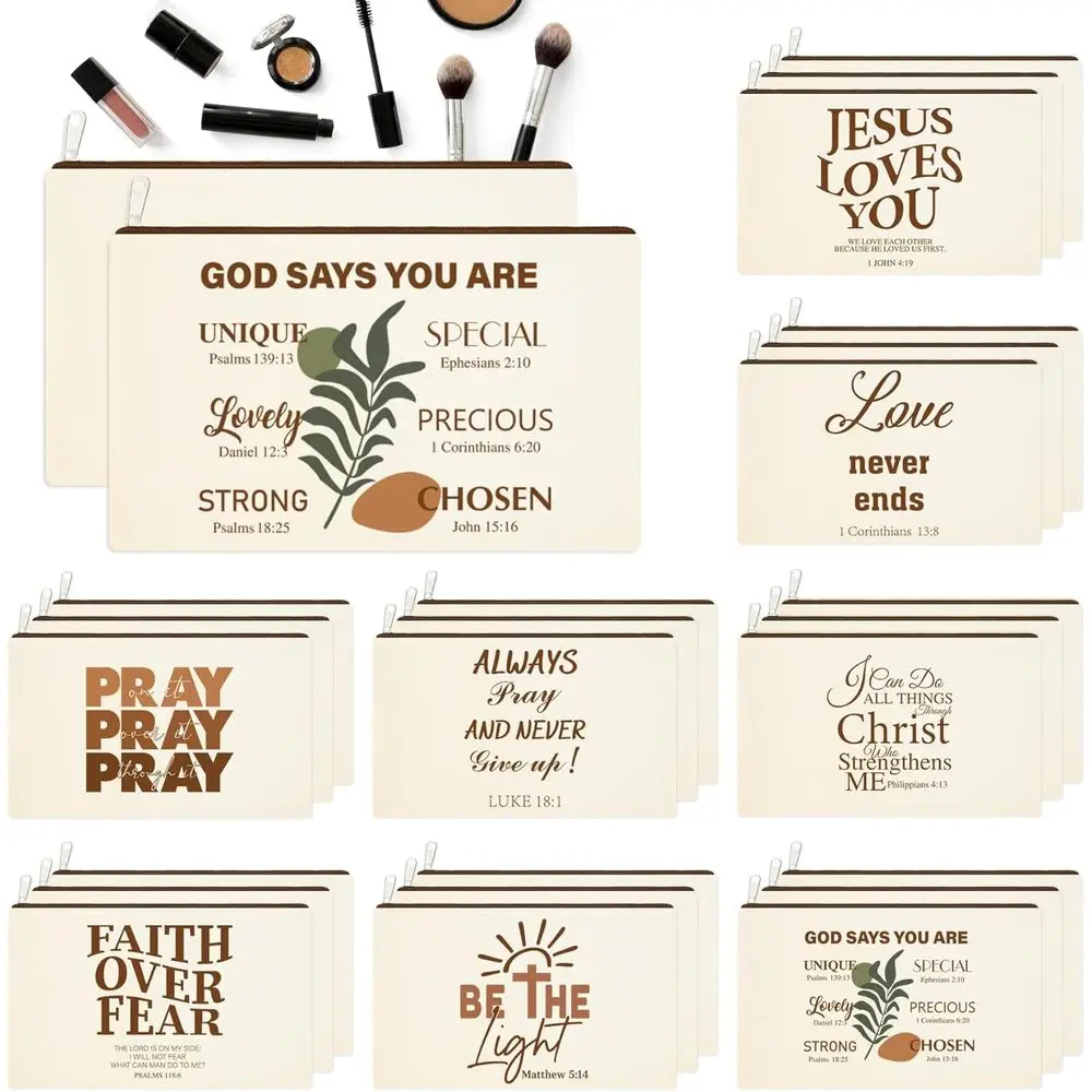 

48 Pcs Christian Cosmetic Bags Bulk for Women Bible Verse Makeup Bags Christian Gifts Inspirational Canvas Pouches with Z
