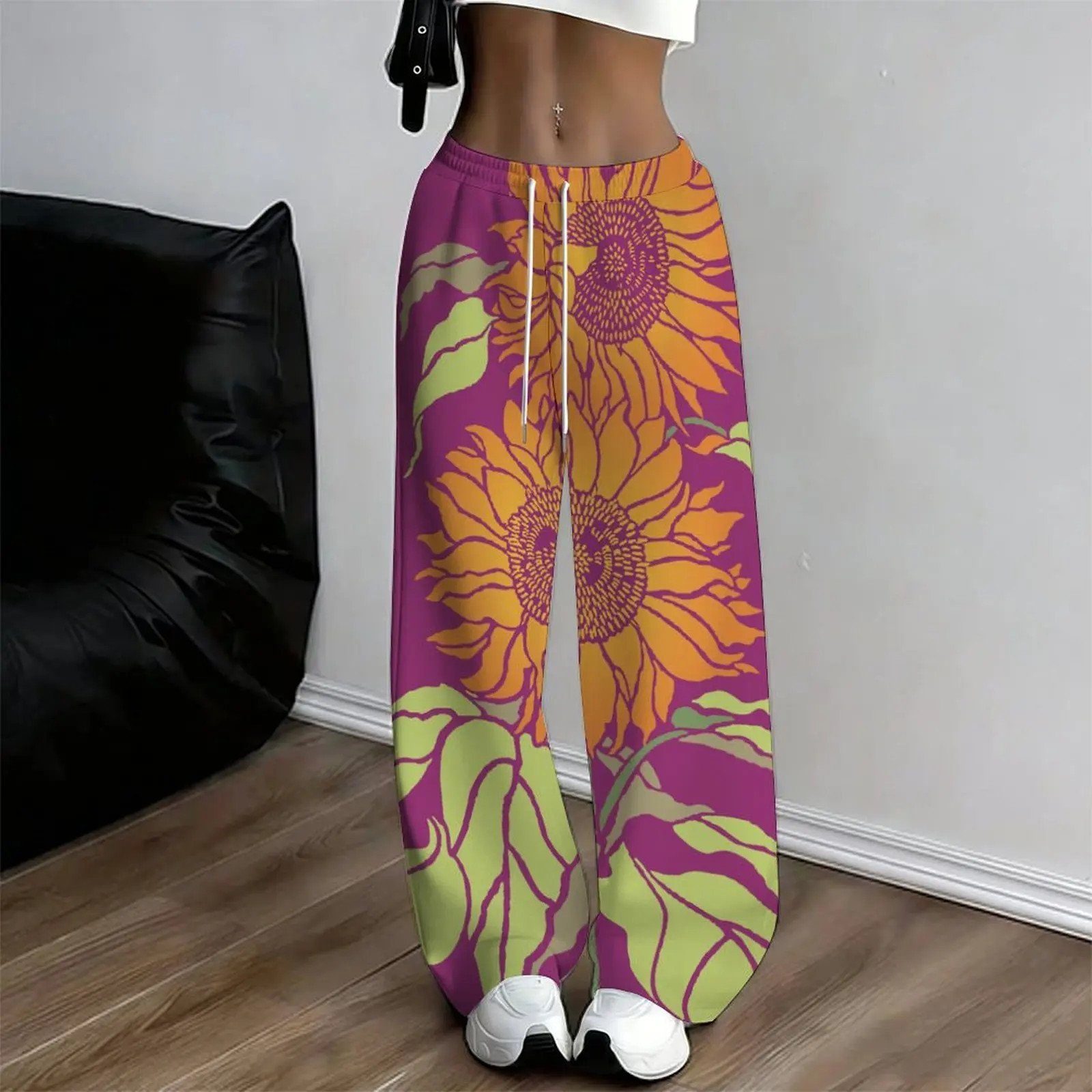 Women Multicolor Spiral Print Wide Leg Pants Elastic Waist Drawstring Loose Fit Summer Casual Beach Resort Long Trousers Stree