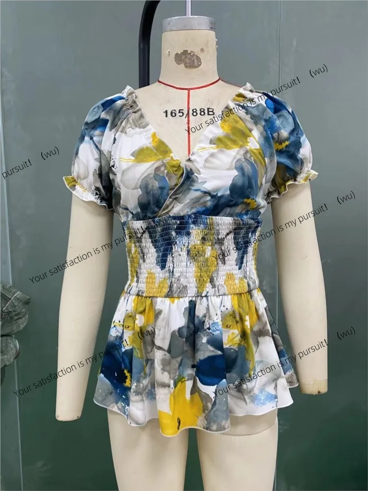 เสื้อยืดแฟชั่นผู้หญิง คอวี พิมพ์ลาย สไตล์ฤดูร้อน เรียบหรู สบายๆ สีสันสดใส แขนสั้น แต่งระบาย ทรงเข้ารูป เหมาะสำหรับวันพักผ่อน