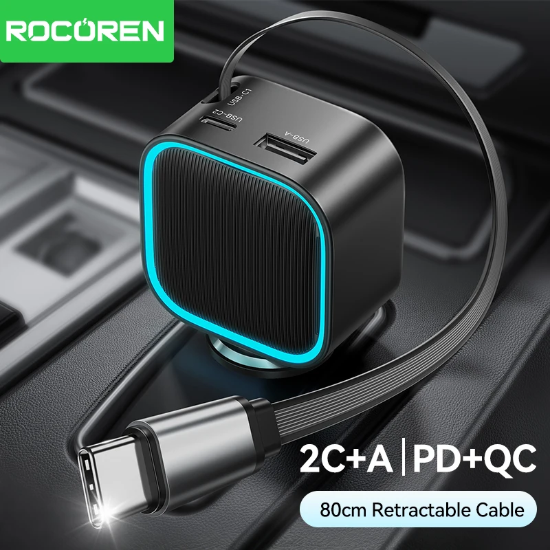 Rocoren 3-in-1 einziehbares Autoladegerät PD 30W, schnelles Laden, USB-Typ-C-Autoladegerät mit Kabel, 2C+A-Anschlüsse, USB-Autoladegerät-Adapter