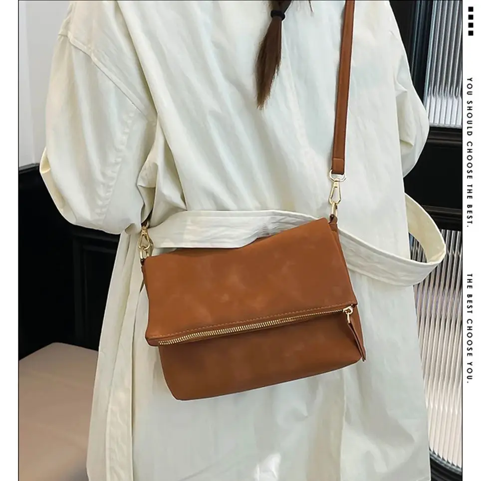 

Женская сумка через плечо большой емкости на молнии со складным клапаном, европейско-американская однотонная универсальная сумка на плечо для повседневных поездок на работу