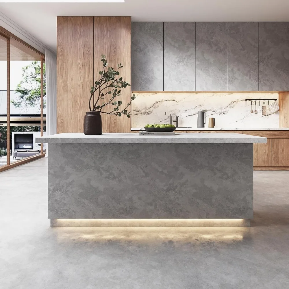 جزيرة مطبخ مقاس 72 بوصة مع مساحة تخزين، جزيرة مطبخ خشبية على الطراز الياباني مع مقاعد وأضواء LED رمادية