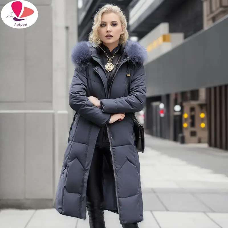 APIPEE Women Mid-Length Cotton Jacket 2024 Slim Fit Cotton Clothing Large Fur Collar Winter Jackets for Women 2024 Down Parkas