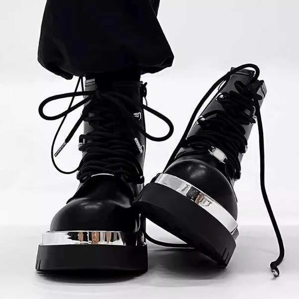 

Punk Bling Metal Sheet Studs Platform Thick Antislip Sole Man Ankle Boots Zipper Side Lace - up Motorcycle Boots Hombres