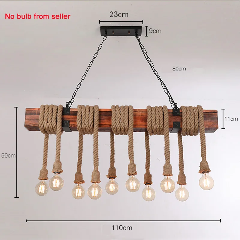 Retro Industrial Chandelier Solid Wood Hemp Rope Light Bar Restaurant Cafe Dining Room Pendant Lamp Wood Drop Light Hanging Lamp