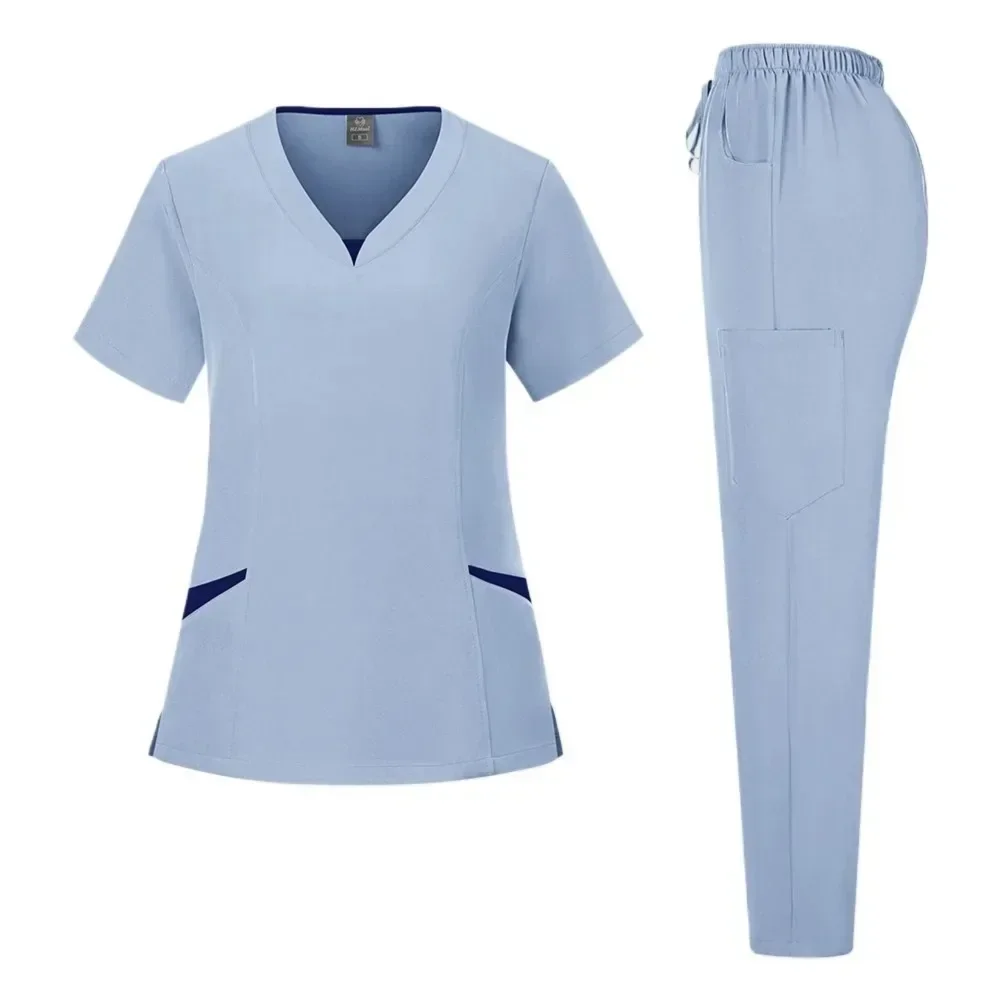 Novo conjunto de esfoliantes uniformes médicos estiramento esfrega topos com calças bolso uniforme enfermeira médico cirurgia macacão salão beleza workwear