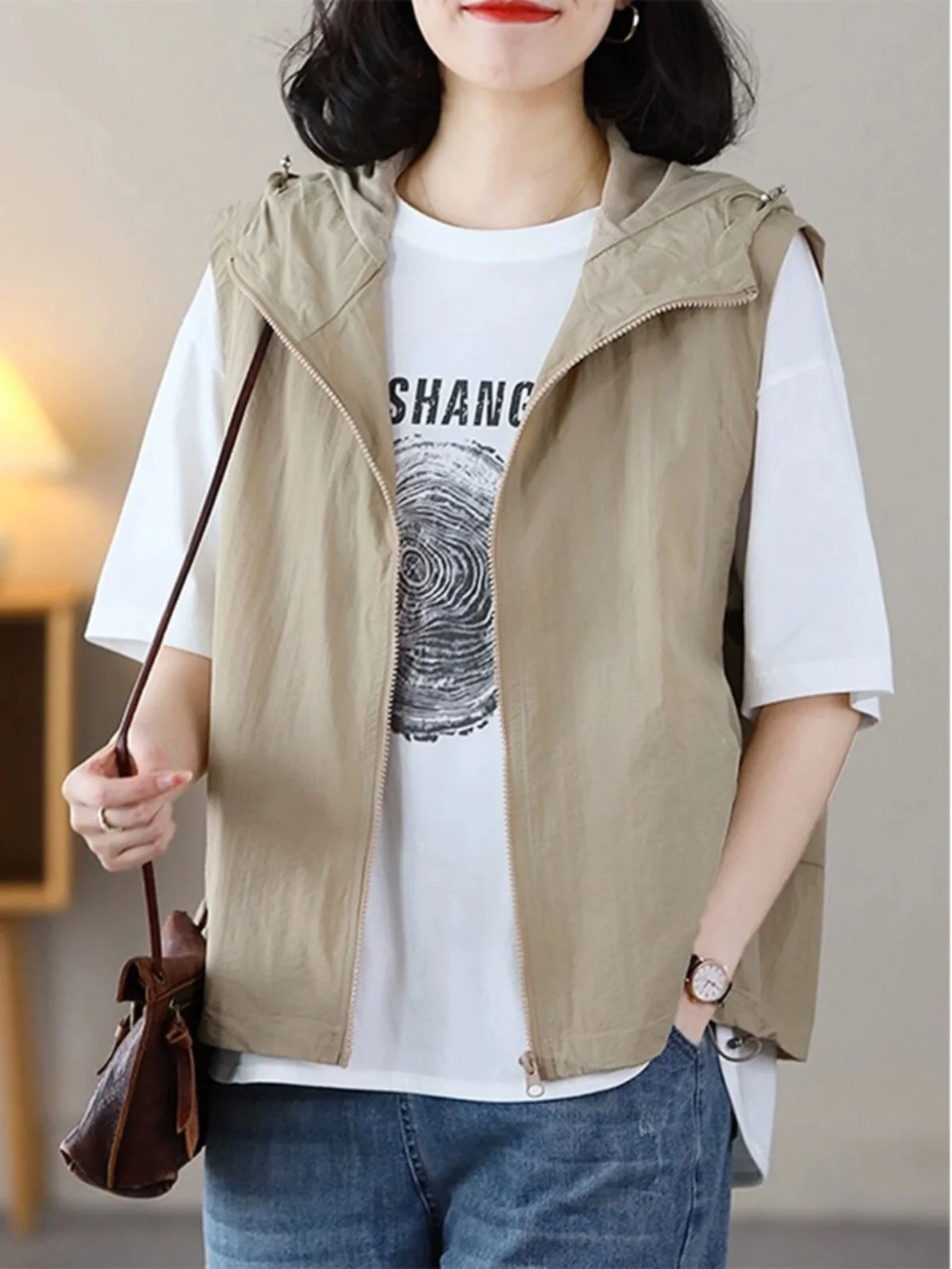  Hooded Windproof Jacket Women's Summer New Casual Commuting Simple Loose Versatile Zipper Sleeveless Vest